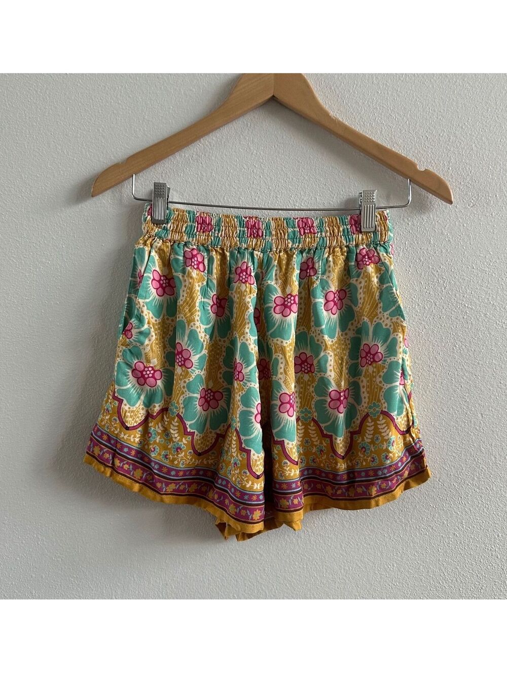 NATURAL LIFE Maribel Mustard Yellow & Turquoise Floral Boho Shorts NEW Size XS